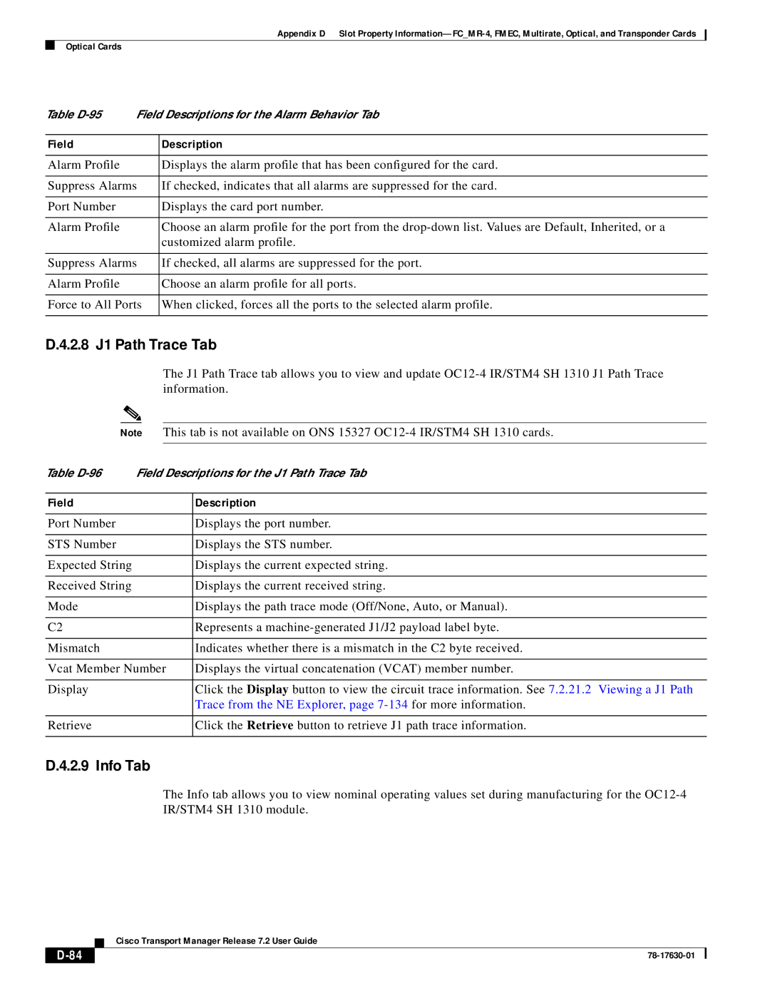 Cisco Systems 78-17630-01 appendix 2.8 J1 Path Trace Tab, Info Tab 