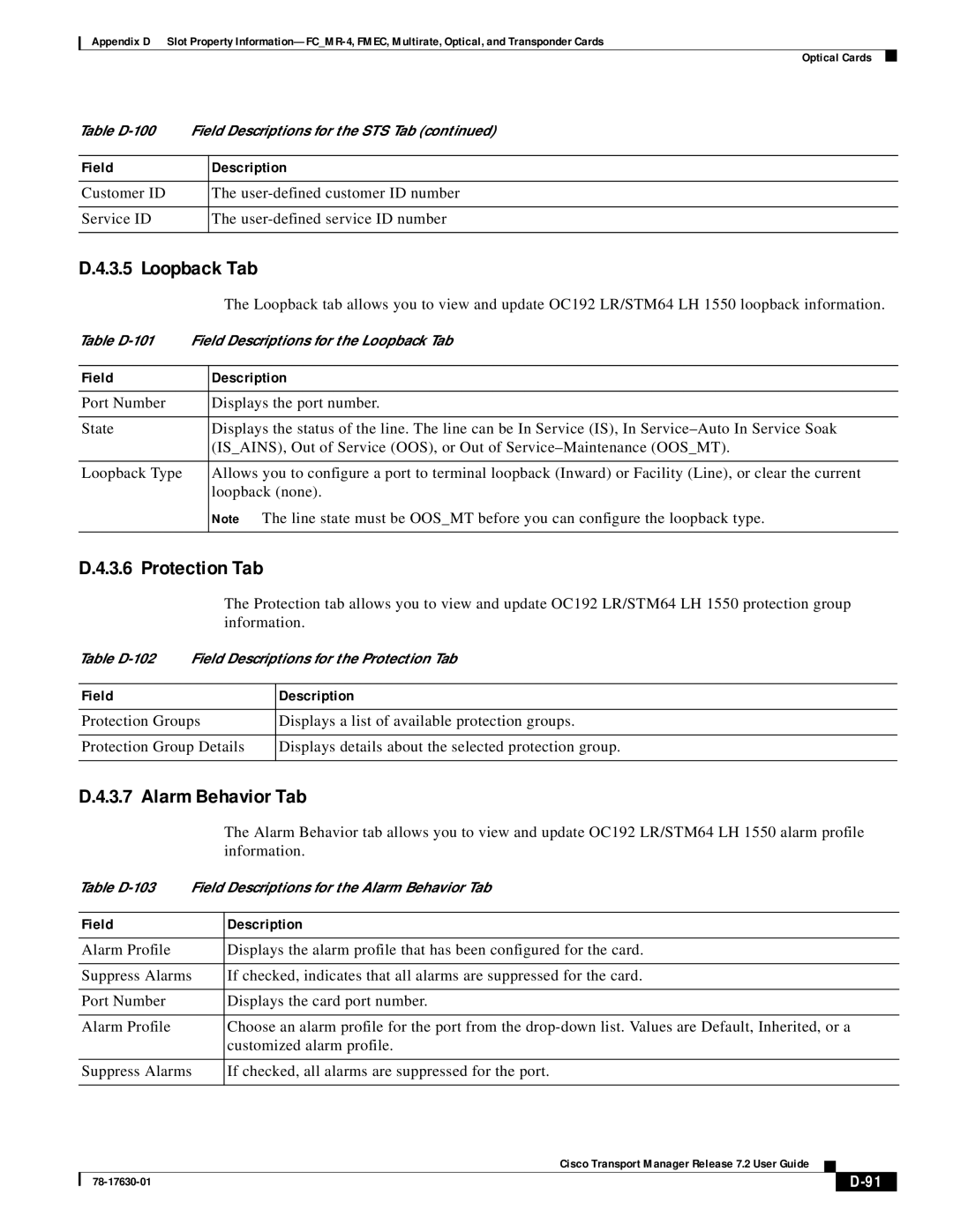 Cisco Systems 78-17630-01 appendix Table D-101 Field Descriptions for the Loopback Tab 