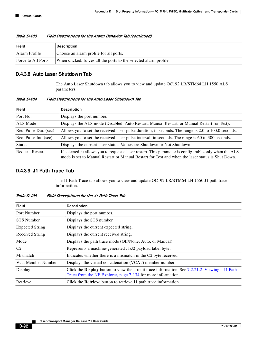 Cisco Systems 78-17630-01 appendix Auto Laser Shutdown Tab, 3.9 J1 Path Trace Tab 