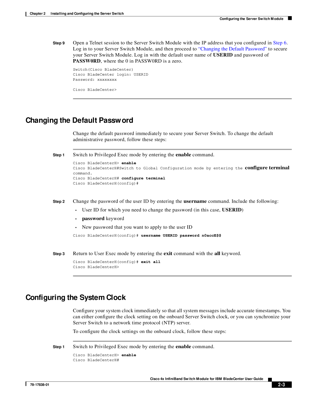 Cisco Systems 78-17838-01 Changing the Default Password, Configuring the System Clock, Password keyword 