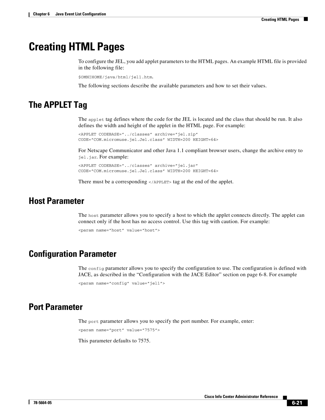 Cisco Systems 78-5664-05 manual Creating Html Pages, Applet Tag, Host Parameter, Configuration Parameter, Port Parameter 