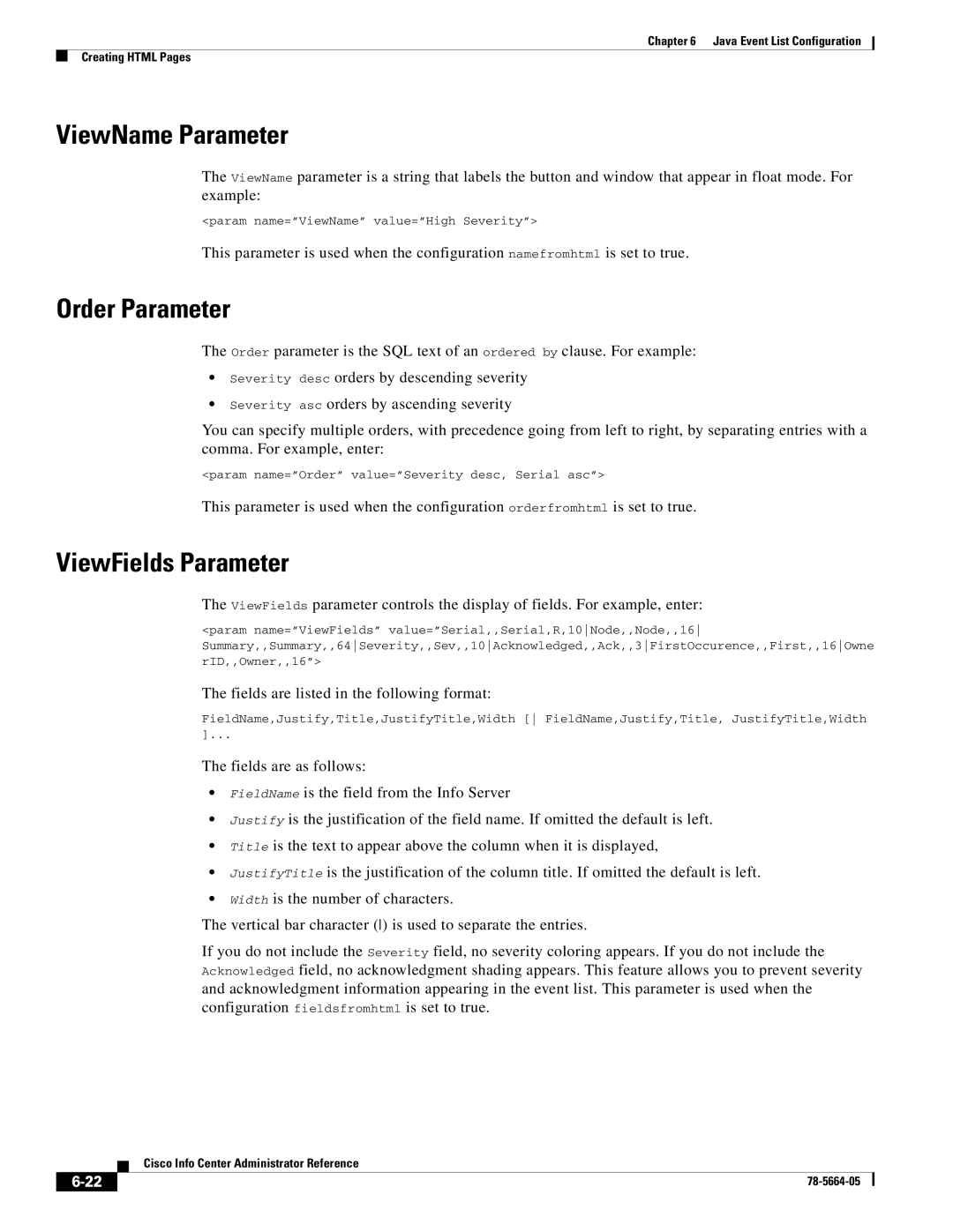 Cisco Systems 78-5664-05 manual ViewName Parameter, Order Parameter, ViewFields Parameter 