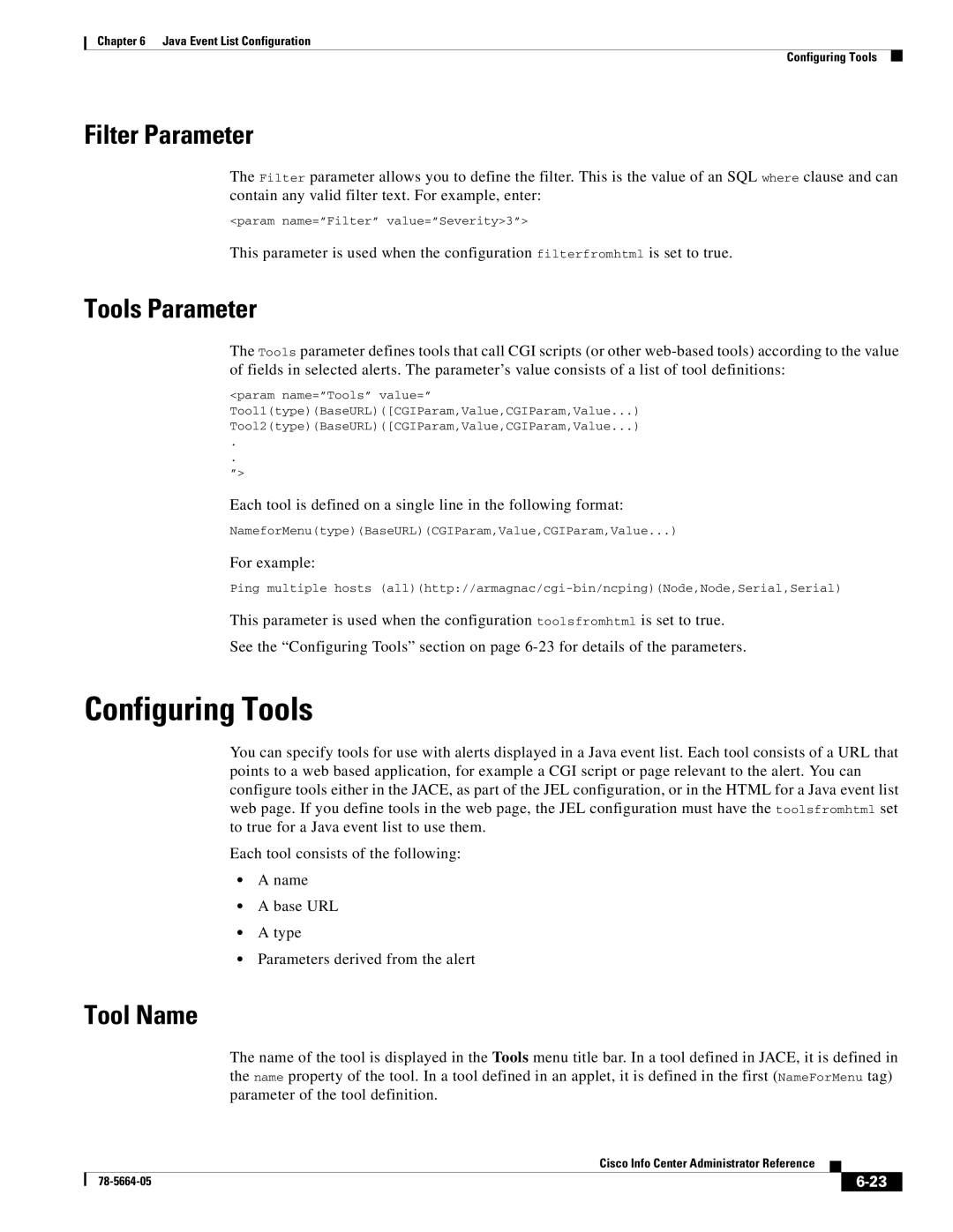 Cisco Systems 78-5664-05 manual Configuring Tools, Filter Parameter, Tools Parameter, Tool Name 