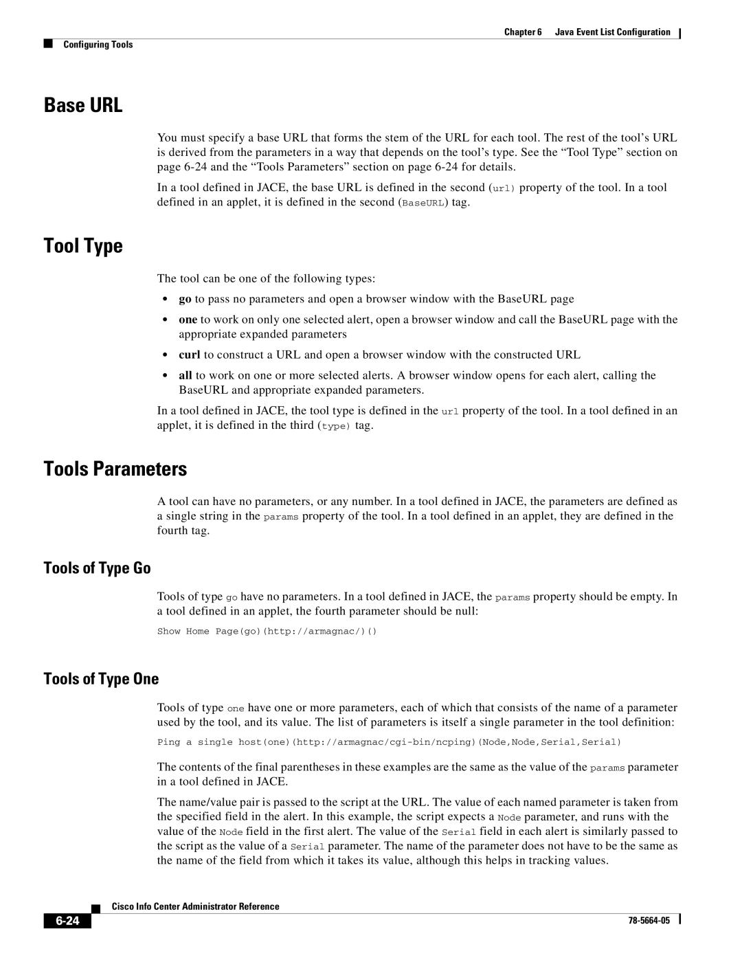 Cisco Systems 78-5664-05 manual Base URL, Tool Type, Tools Parameters, Tools of Type Go, Tools of Type One 