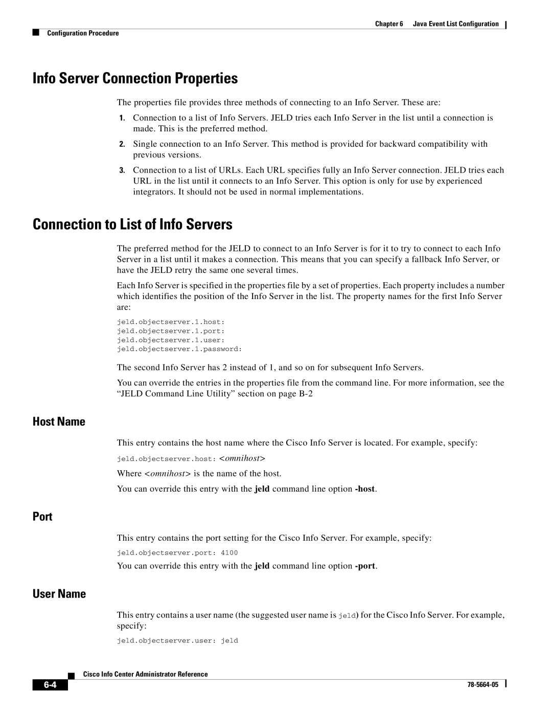 Cisco Systems 78-5664-05 Info Server Connection Properties, Connection to List of Info Servers, Host Name, Port, User Name 