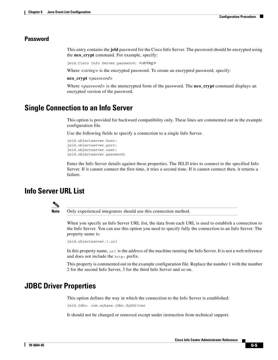 Cisco Systems 78-5664-05 manual Single Connection to an Info Server, Info Server URL List, Jdbc Driver Properties, Password 