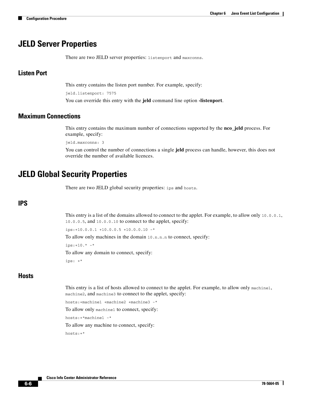 Cisco Systems 78-5664-05 Jeld Server Properties, Jeld Global Security Properties, Listen Port, Maximum Connections, Hosts 