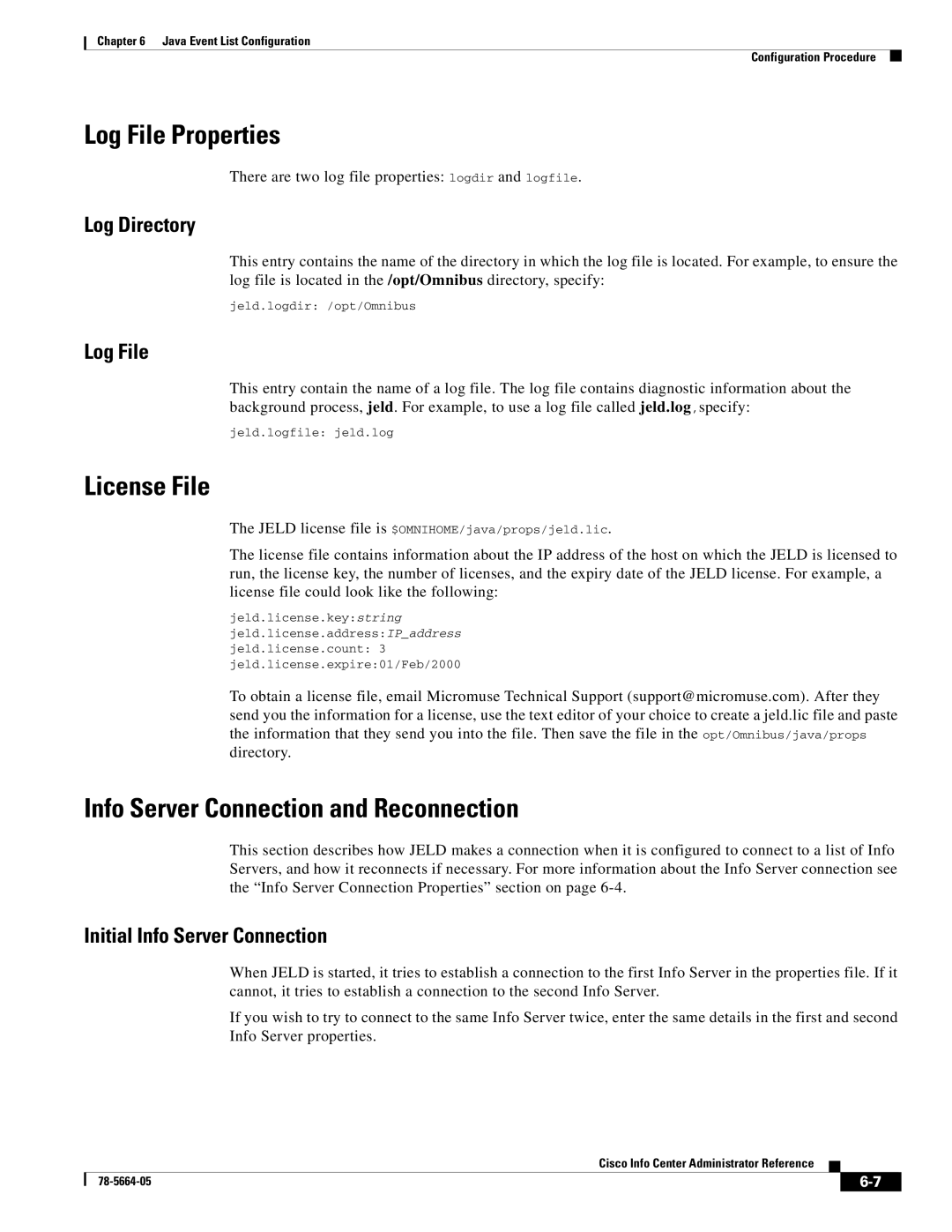 Cisco Systems 78-5664-05 manual Log File Properties, License File, Info Server Connection and Reconnection 