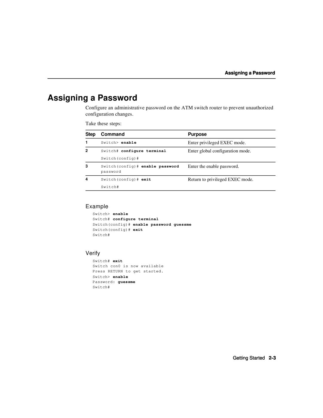 Cisco Systems 78-6897-01 manual Assigning a Password, Example, Verify, Step Command, Purpose, Getting Started 
