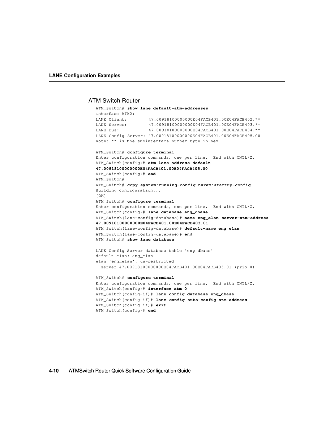 Cisco Systems 78-6897-01 manual ATM Switch Router, LANE Configuration Examples, ATMSwitch# configure terminal 