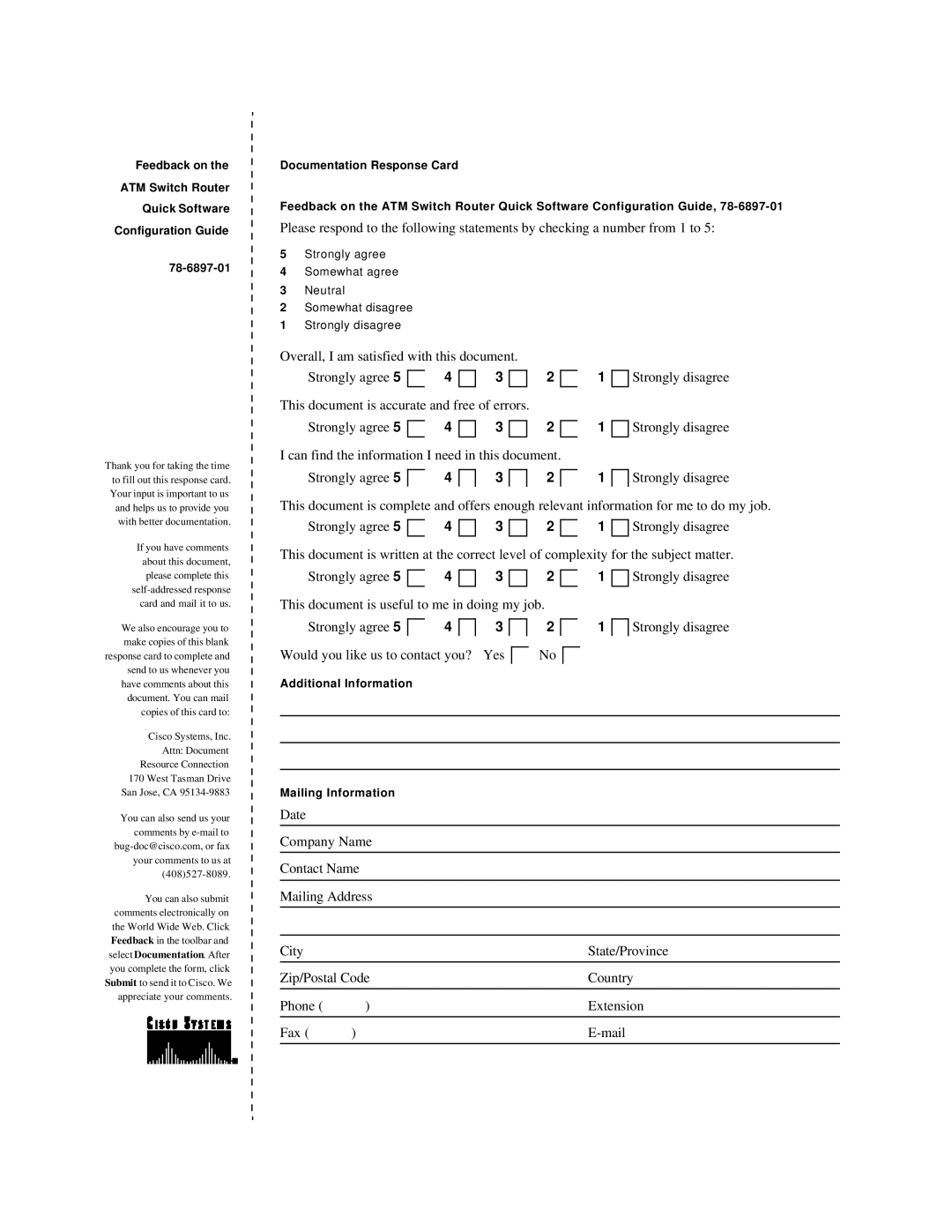 Cisco Systems 78-6897-01 manual Strongly agree Strongly disagree 