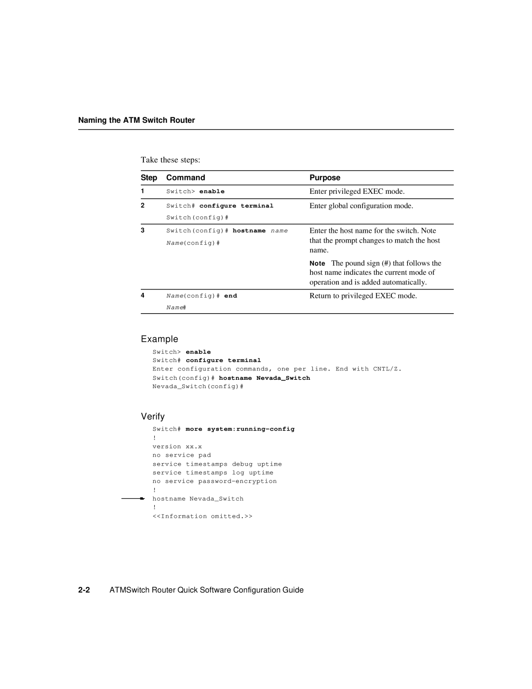 Cisco Systems 78-6897-01 manual Example, Verify, Naming the ATM Switch Router, Step Command, Purpose 