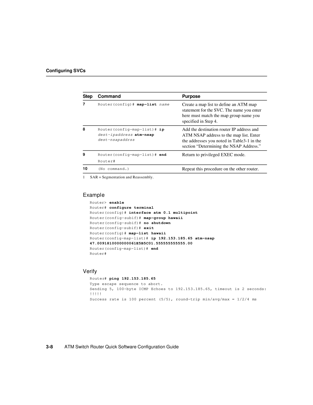 Cisco Systems 78-6897-01 manual Configuring SVCs Step Command, Router# ping 