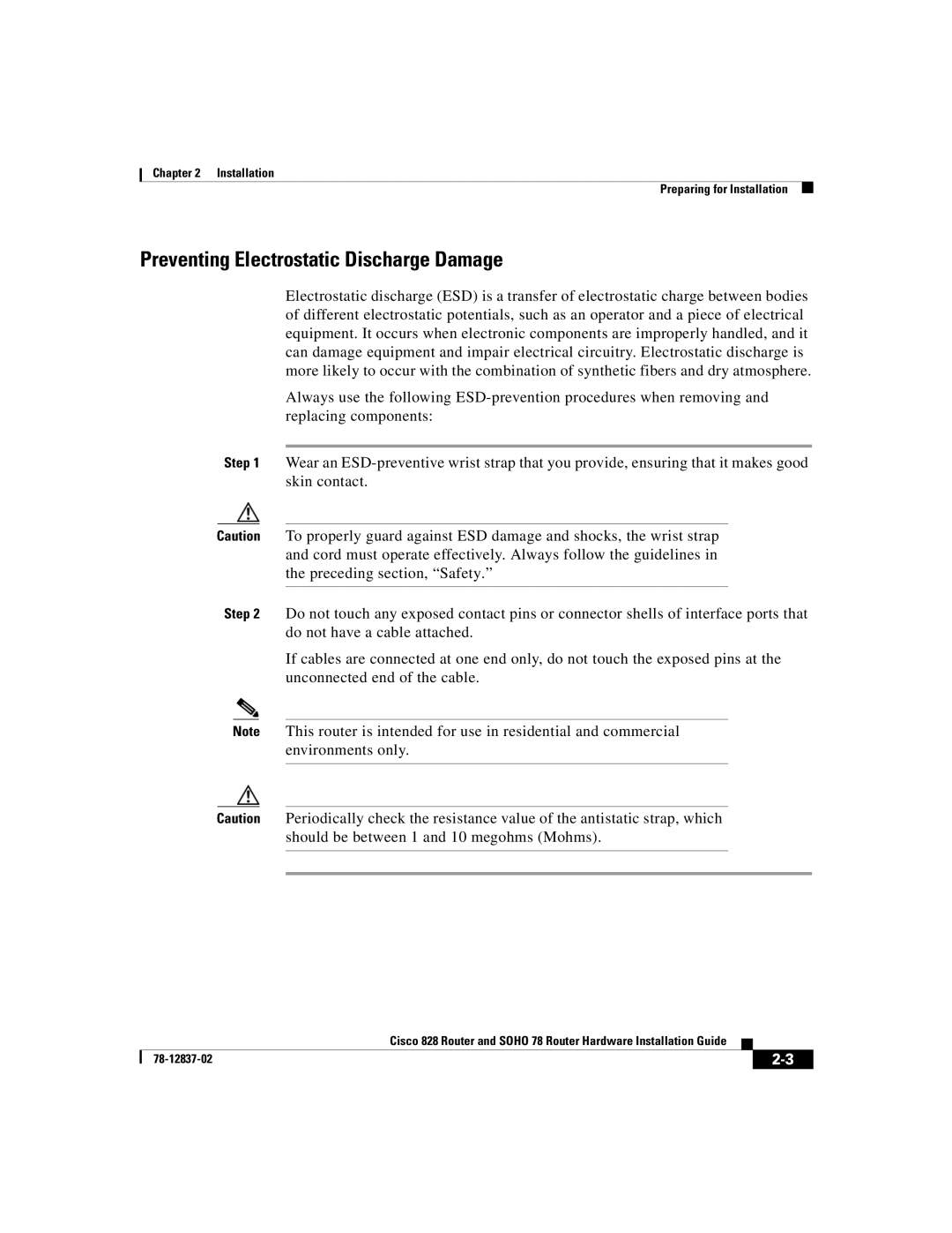 Cisco Systems 828, 78 manual Preventing Electrostatic Discharge Damage 