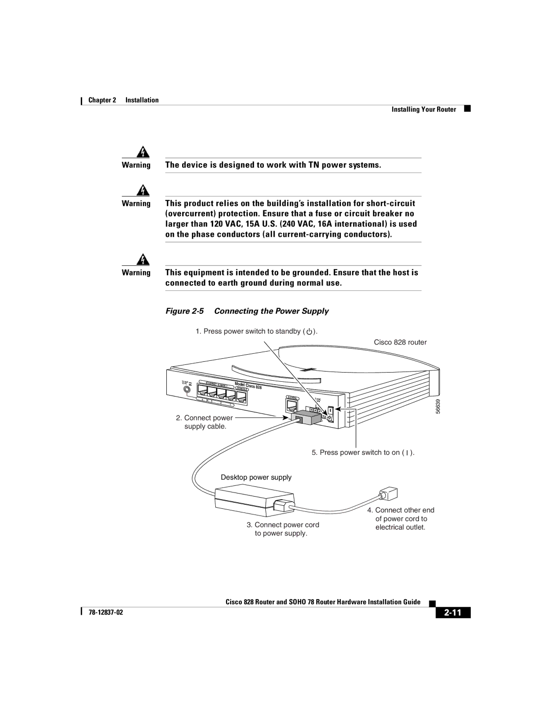 Cisco Systems 828, 78 manual Connecting the Power Supply 