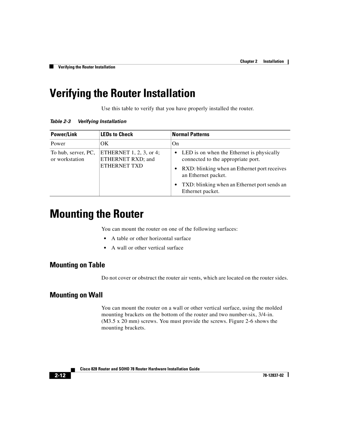 Cisco Systems 78, 828 Verifying the Router Installation, Mounting the Router, Power/Link LEDs to Check Normal Patterns 