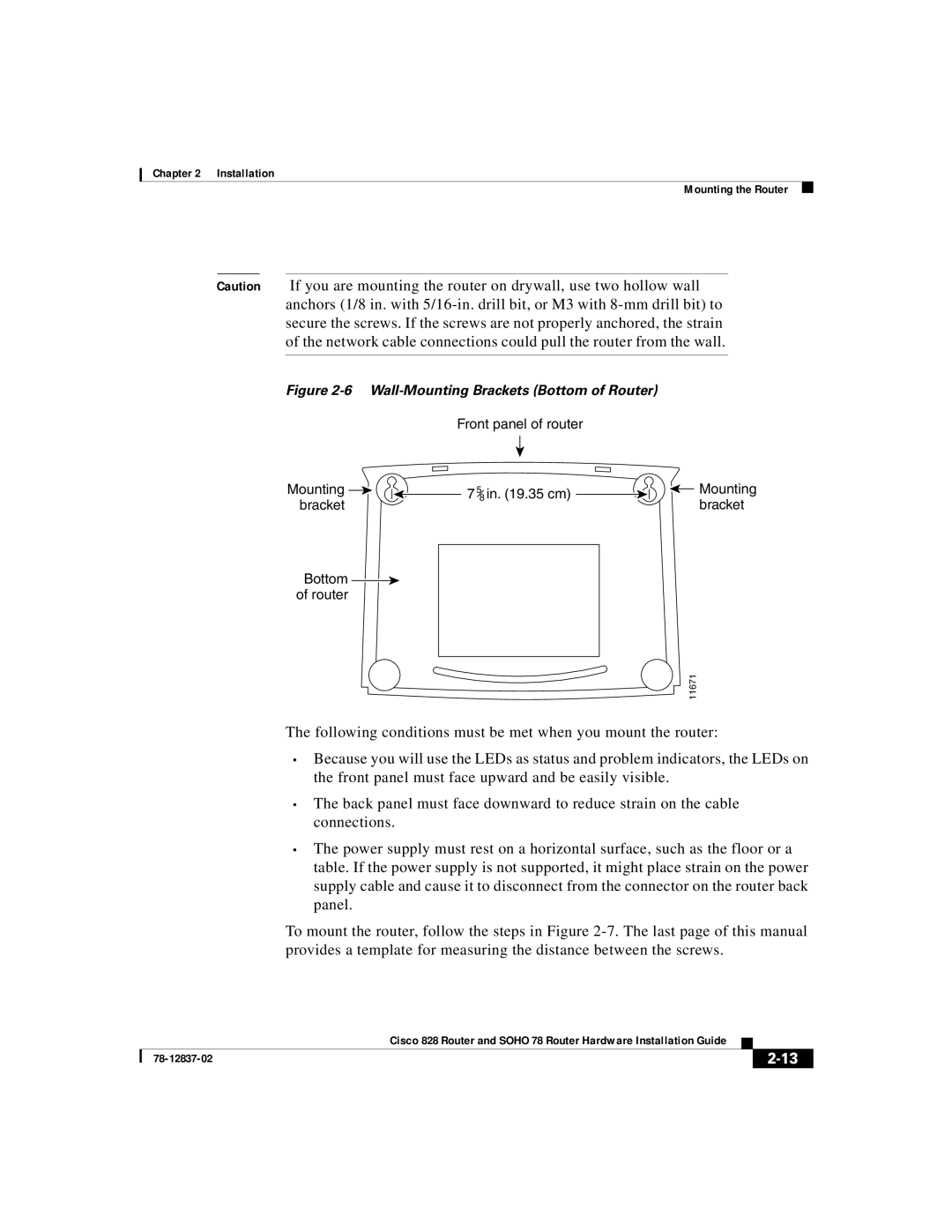 Cisco Systems 828, 78 manual Wall-Mounting Brackets Bottom of Router 