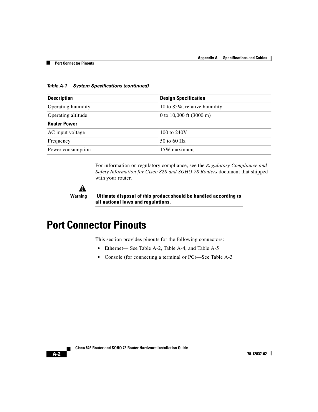 Cisco Systems 78 Port Connector Pinouts, Description Design Specification, Router Power, All national laws and regulations 