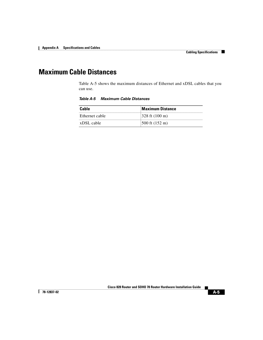 Cisco Systems 828, 78 manual Maximum Cable Distances, Cable Maximum Distance 