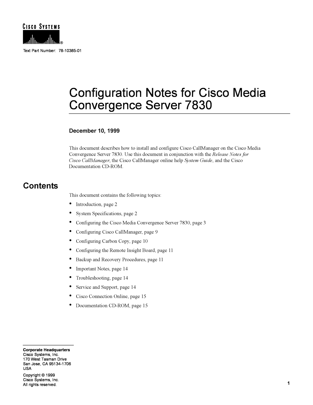 Cisco Systems 7830 specifications Contents, Configuration Notes for Cisco Media Convergence Server, December 