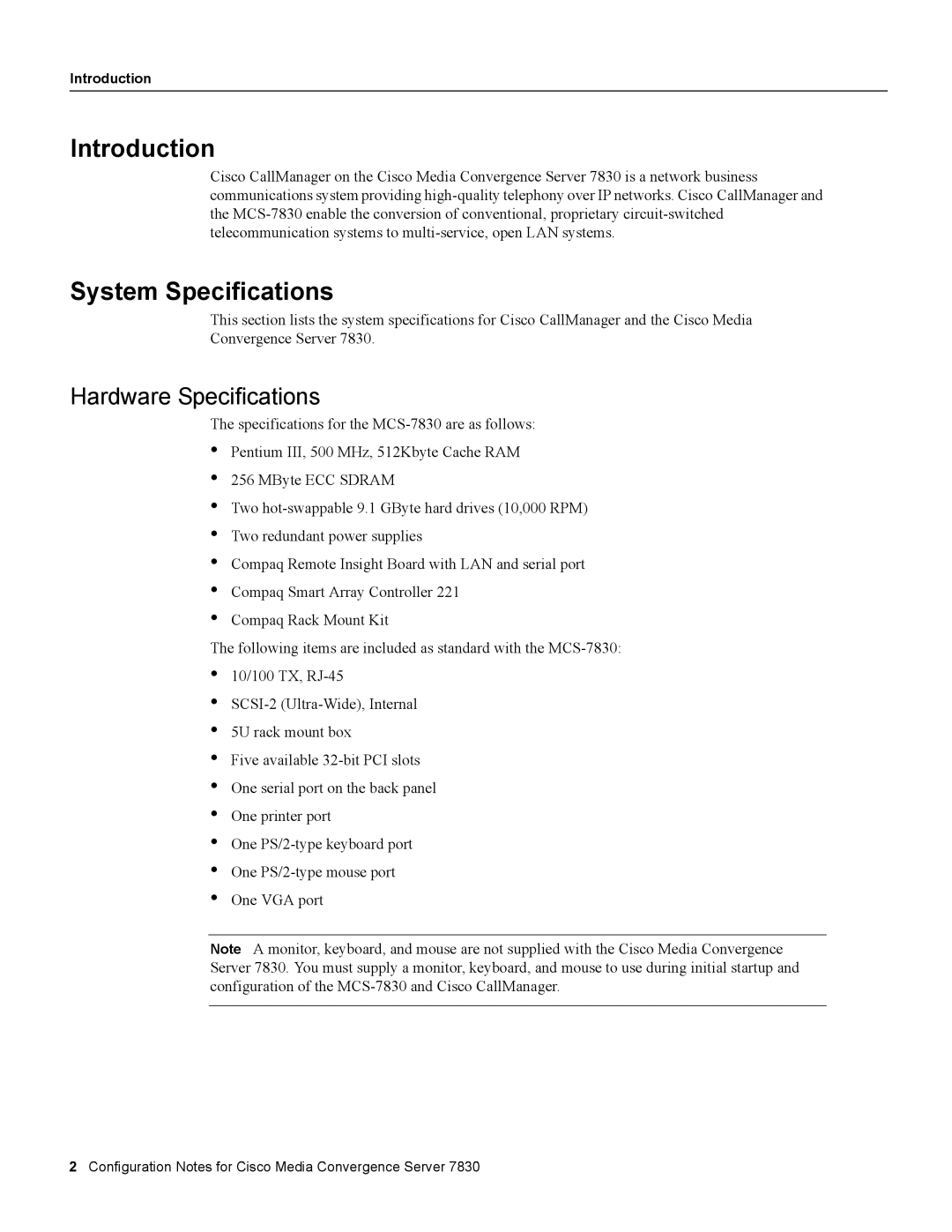 Cisco Systems 7830 specifications Introduction, System Specifications, Hardware Specifications 