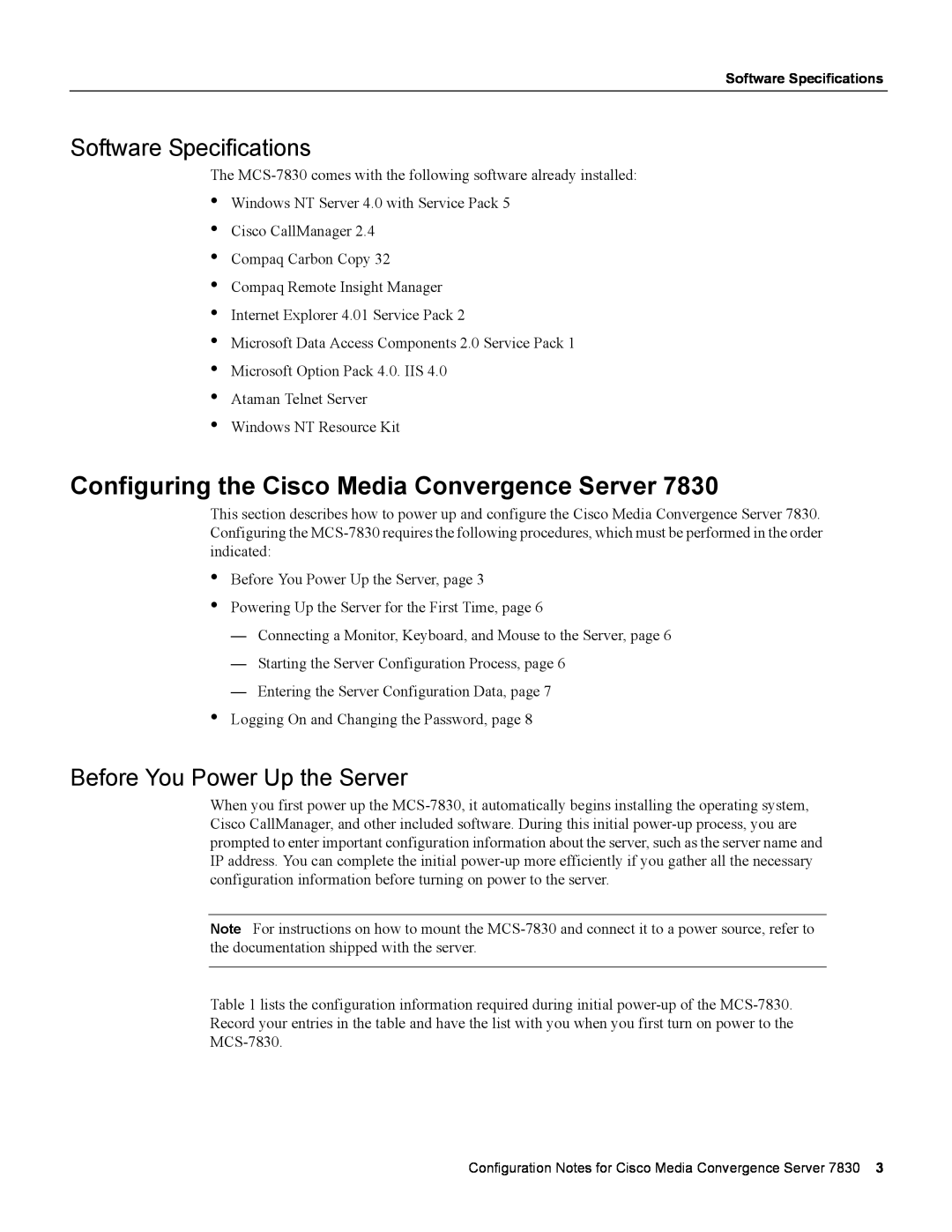 Cisco Systems 7830 Configuring the Cisco Media Convergence Server, Software Specifications, Before You Power Up the Server 