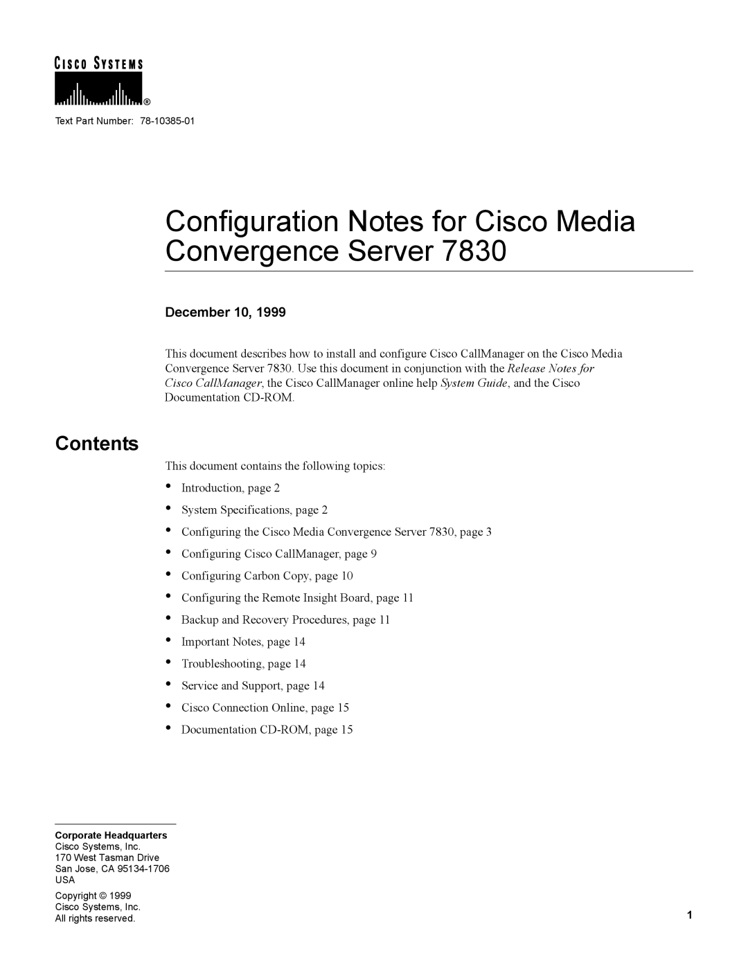 Cisco Systems 7830 specifications Configuration Notes for Cisco Media Convergence Server, Contents 