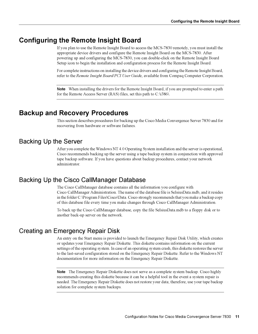 Cisco Systems 7830 Configuring the Remote Insight Board, Backup and Recovery Procedures, Backing Up the Server 
