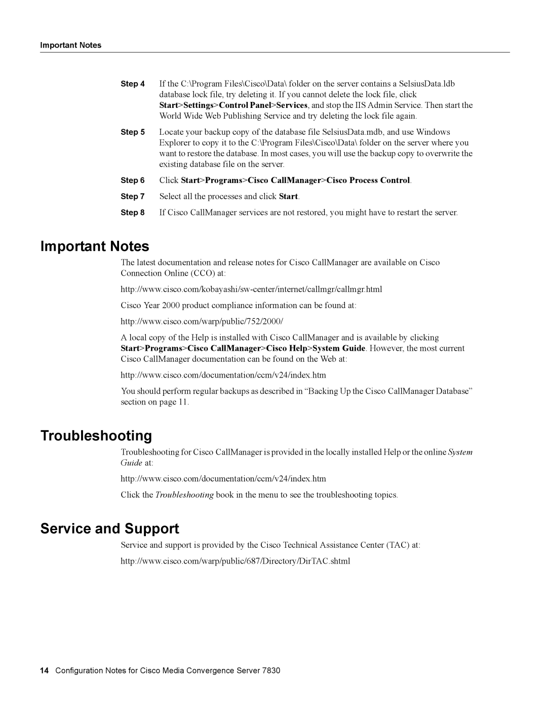 Cisco Systems 7830 specifications Important Notes, Troubleshooting, Service and Support 