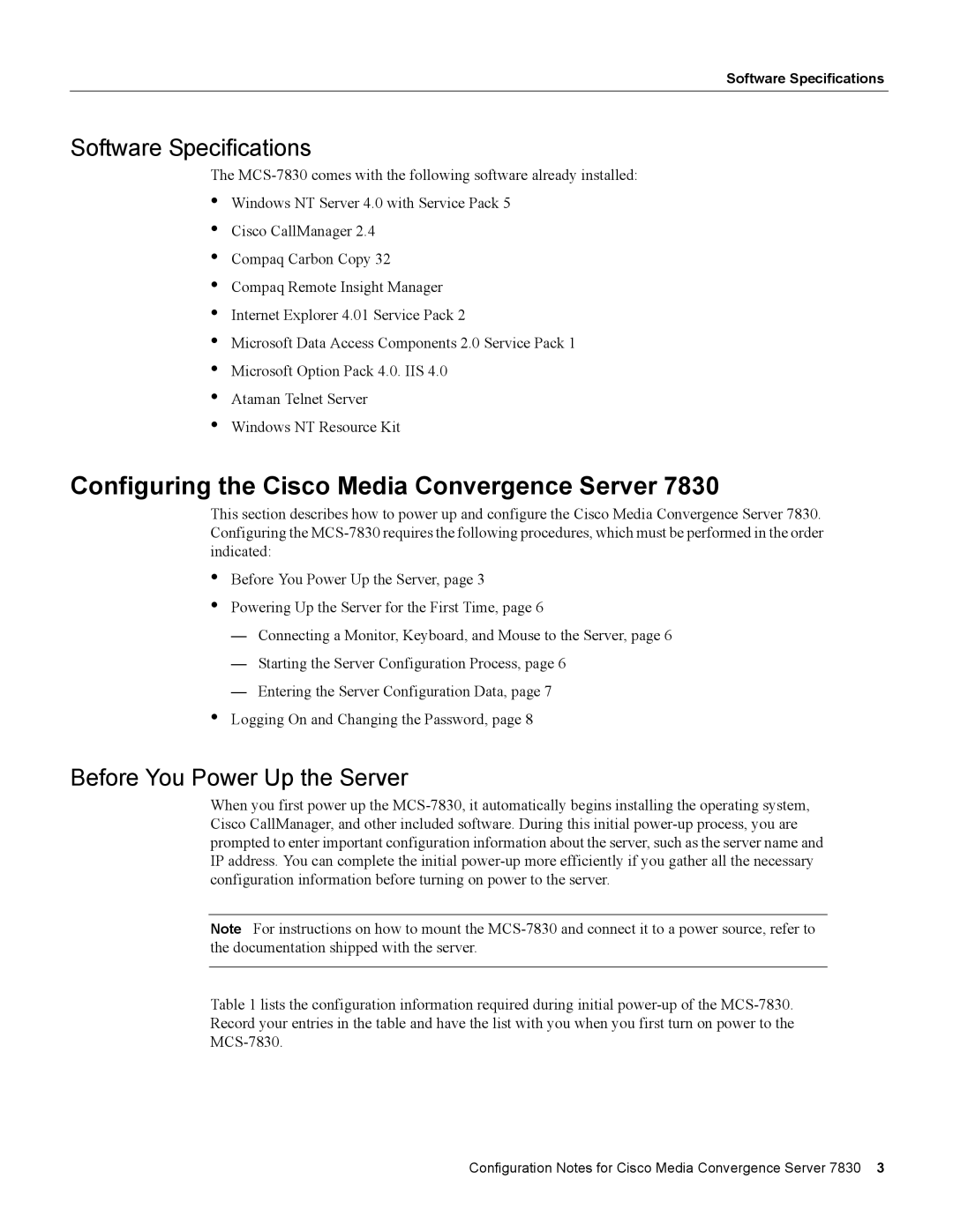 Cisco Systems 7830 Configuring the Cisco Media Convergence Server, Software Specifications, Before You Power Up the Server 