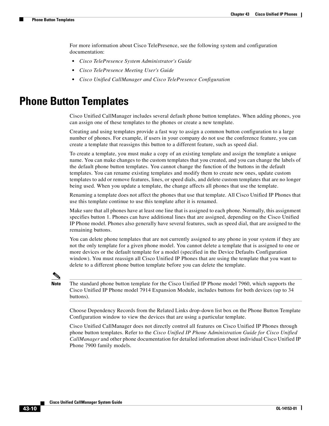 Cisco Systems 7900 manual Phone Button Templates, 43-10 