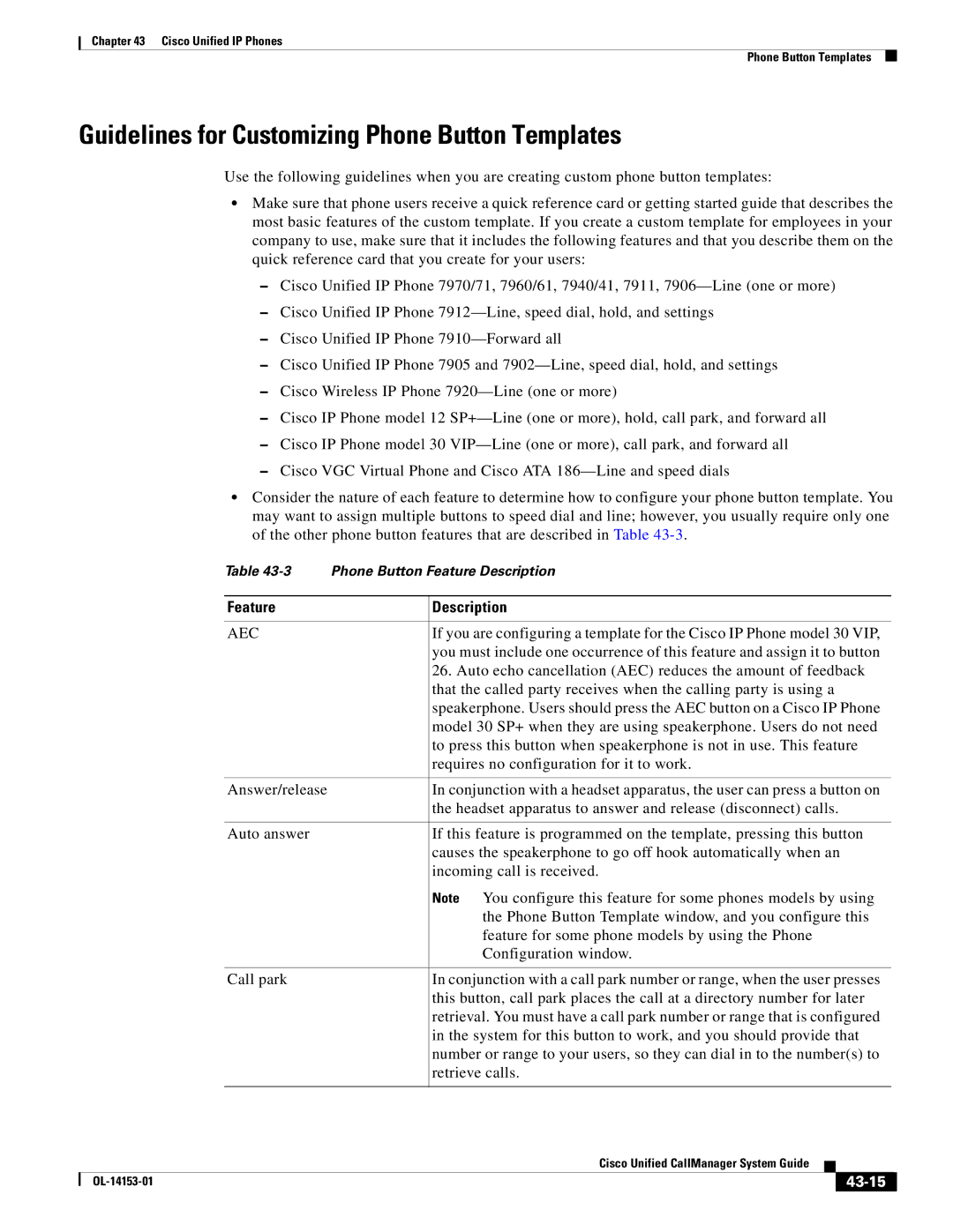 Cisco Systems 7900 manual Guidelines for Customizing Phone Button Templates, Feature Description, 43-15 