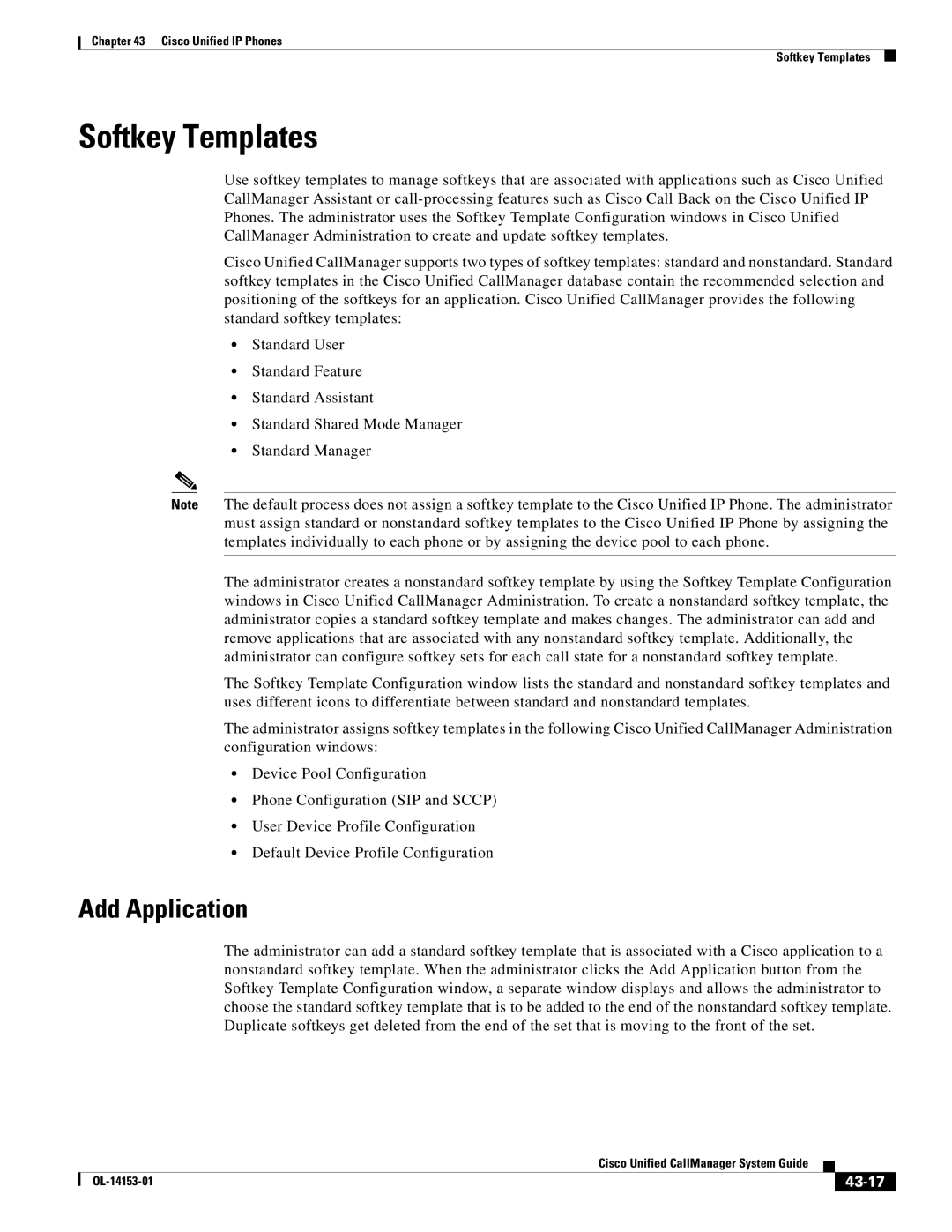 Cisco Systems 7900 manual Softkey Templates, Add Application, 43-17 