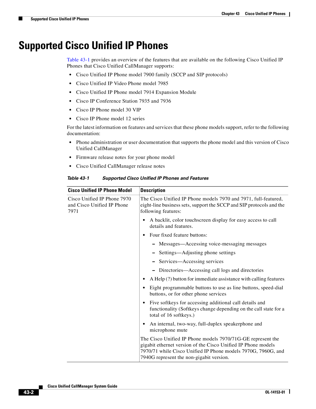 Cisco Systems 7900 manual Supported Cisco Unified IP Phones, Description, 43-2 