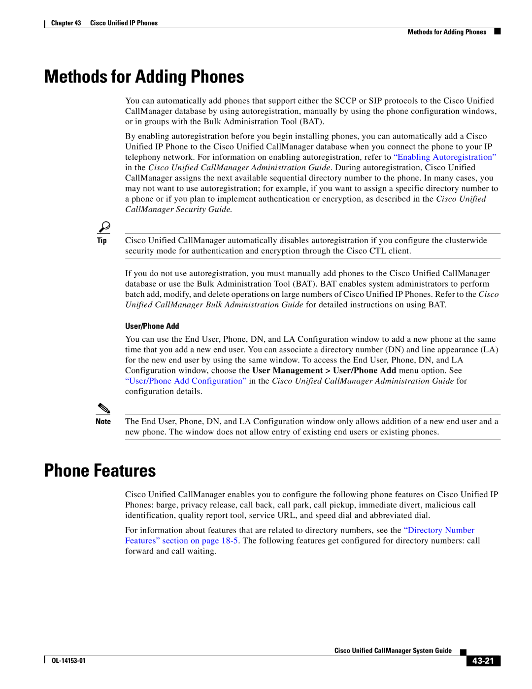 Cisco Systems 7900 manual Methods for Adding Phones, Phone Features, User/Phone Add, 43-21 