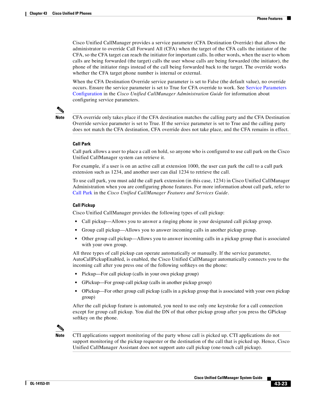 Cisco Systems 7900 manual Call Park, Call Pickup, 43-23 