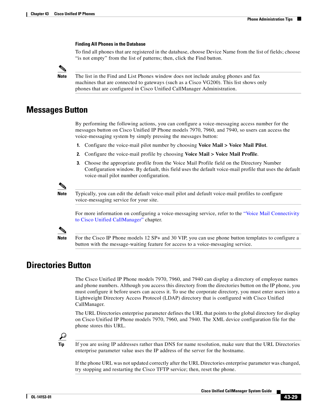 Cisco Systems 7900 manual Messages Button, Directories Button, Finding All Phones in the Database, 43-29 