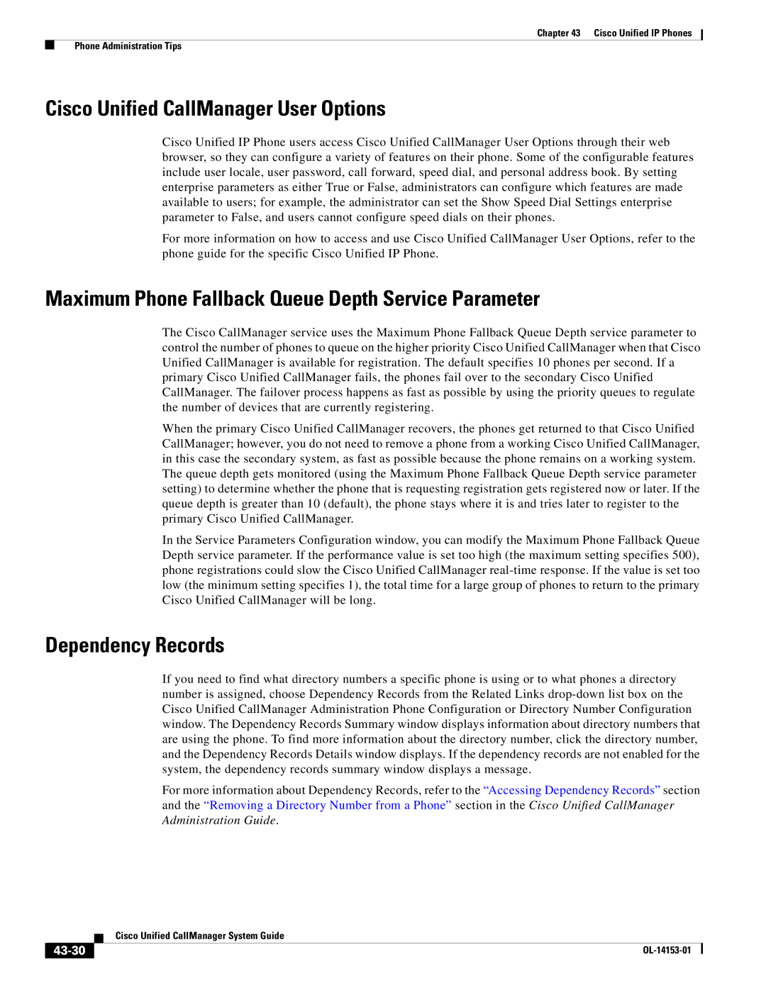 Cisco Systems 7900 Cisco Unified CallManager User Options, Maximum Phone Fallback Queue Depth Service Parameter, 43-30 