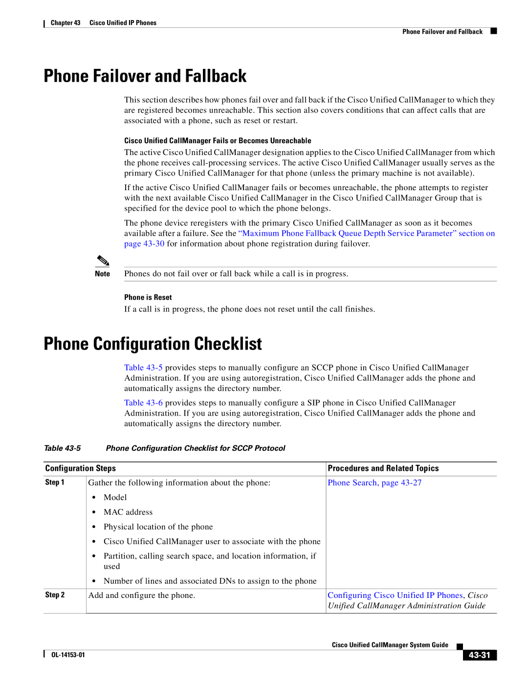 Cisco Systems 7900 manual Phone Failover and Fallback, Phone Configuration Checklist, 43-31 