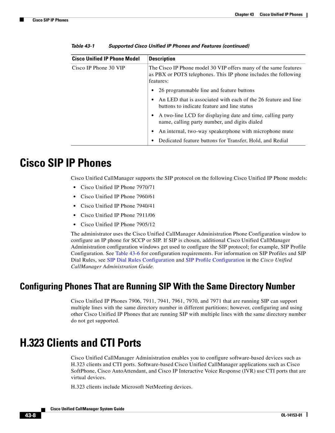 Cisco Systems 7900 manual Cisco SIP IP Phones, Clients and CTI Ports, 43-8 