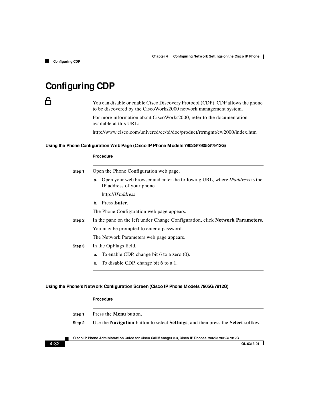 Cisco Systems 7905G, 7902G, 7912G manual Configuring CDP 