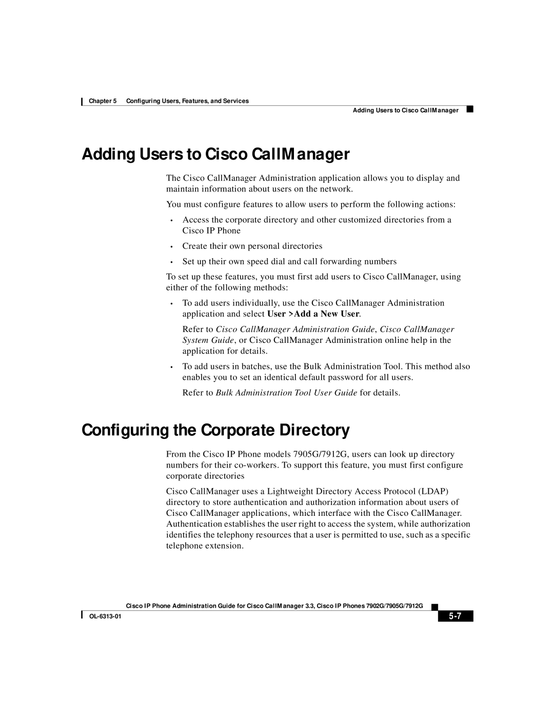 Cisco Systems 7905G, 7902G, 7912G manual Adding Users to Cisco CallManager, Configuring the Corporate Directory 