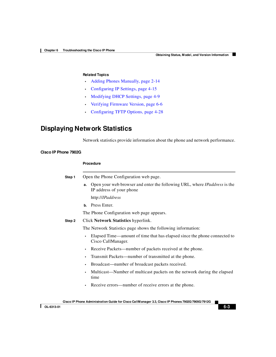 Cisco Systems 7902G, 7905G, 7912G manual Displaying Network Statistics, Click Network Statistics hyperlink 