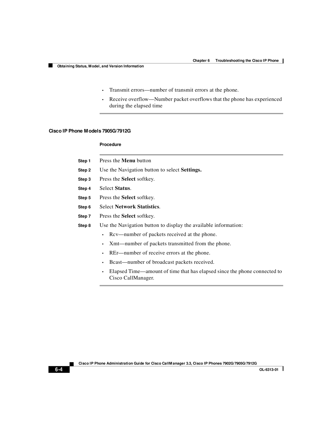 Cisco Systems 7905G, 7902G, 7912G manual Select Network Statistics 