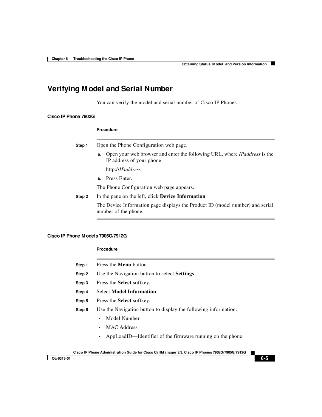 Cisco Systems 7912G, 7902G, 7905G manual Verifying Model and Serial Number, Select Model Information 