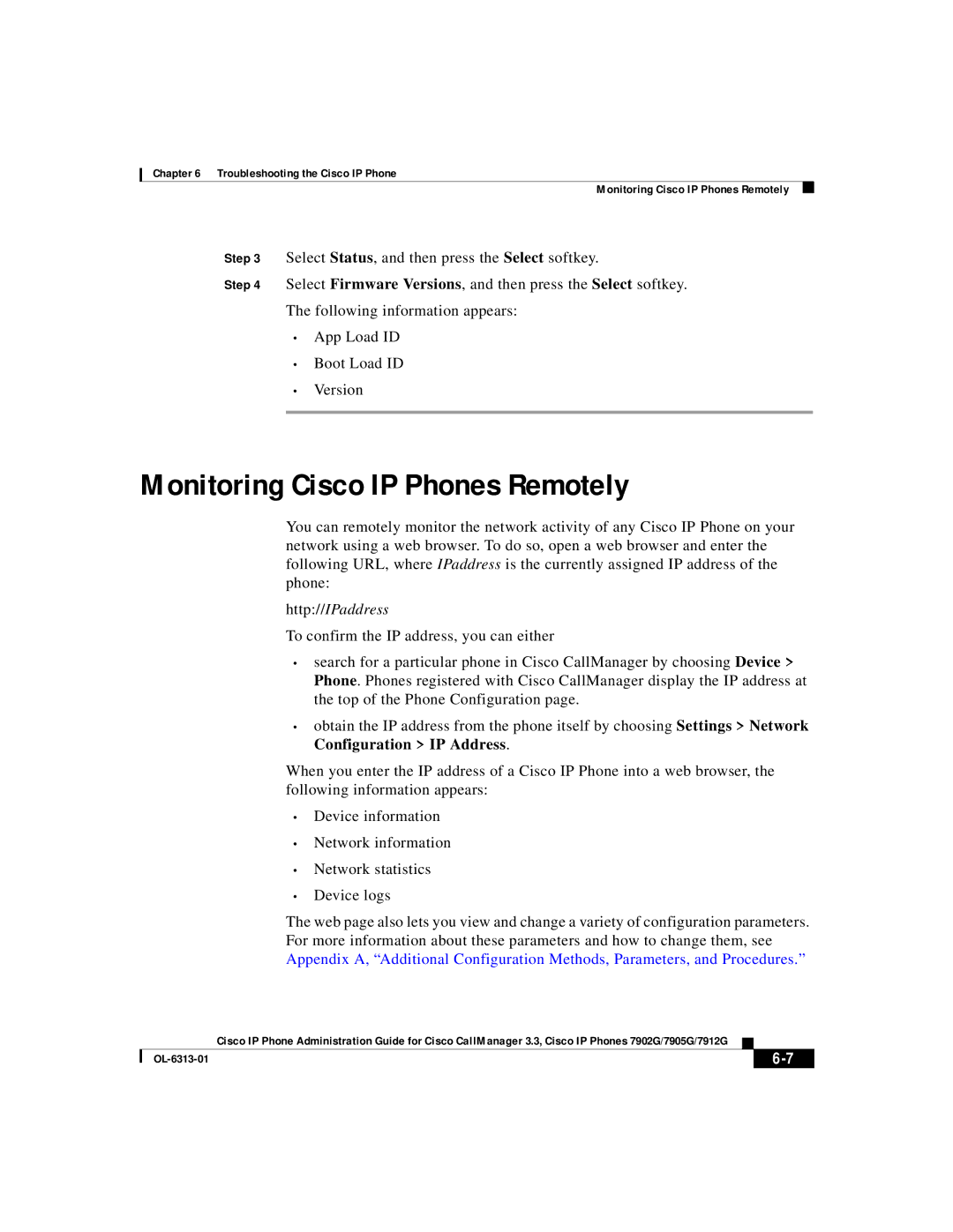 Cisco Systems 7905G, 7902G, 7912G manual Monitoring Cisco IP Phones Remotely 