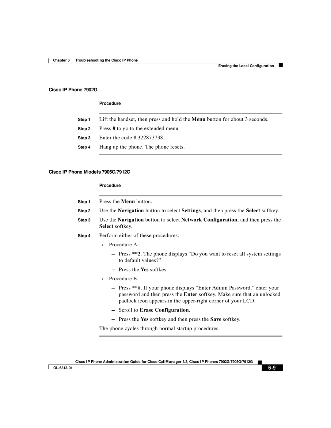 Cisco Systems 7902G, 7905G, 7912G manual Scroll to Erase Configuration 