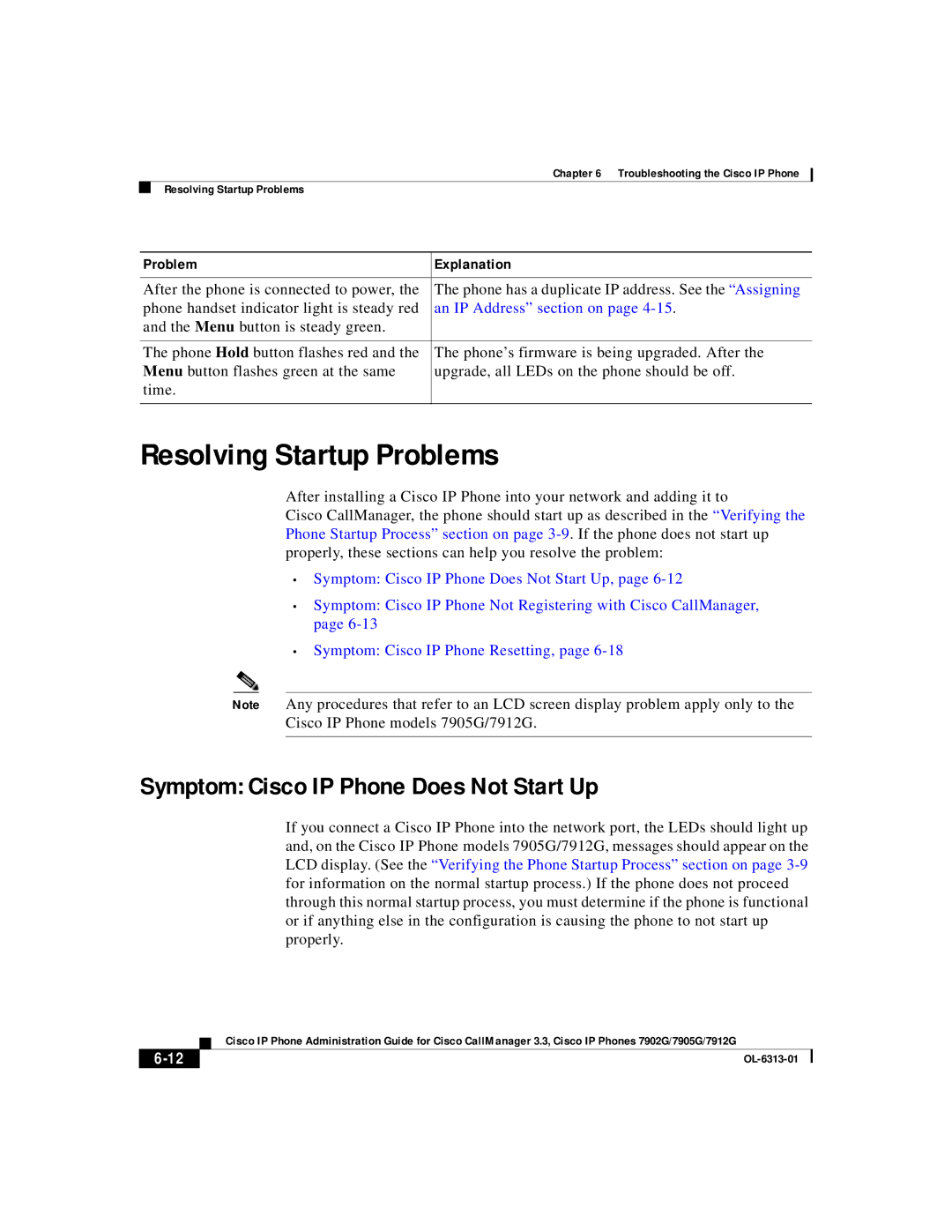 Cisco Systems 7902G, 7905G Resolving Startup Problems, Symptom Cisco IP Phone Does Not Start Up, An IP Address section on 