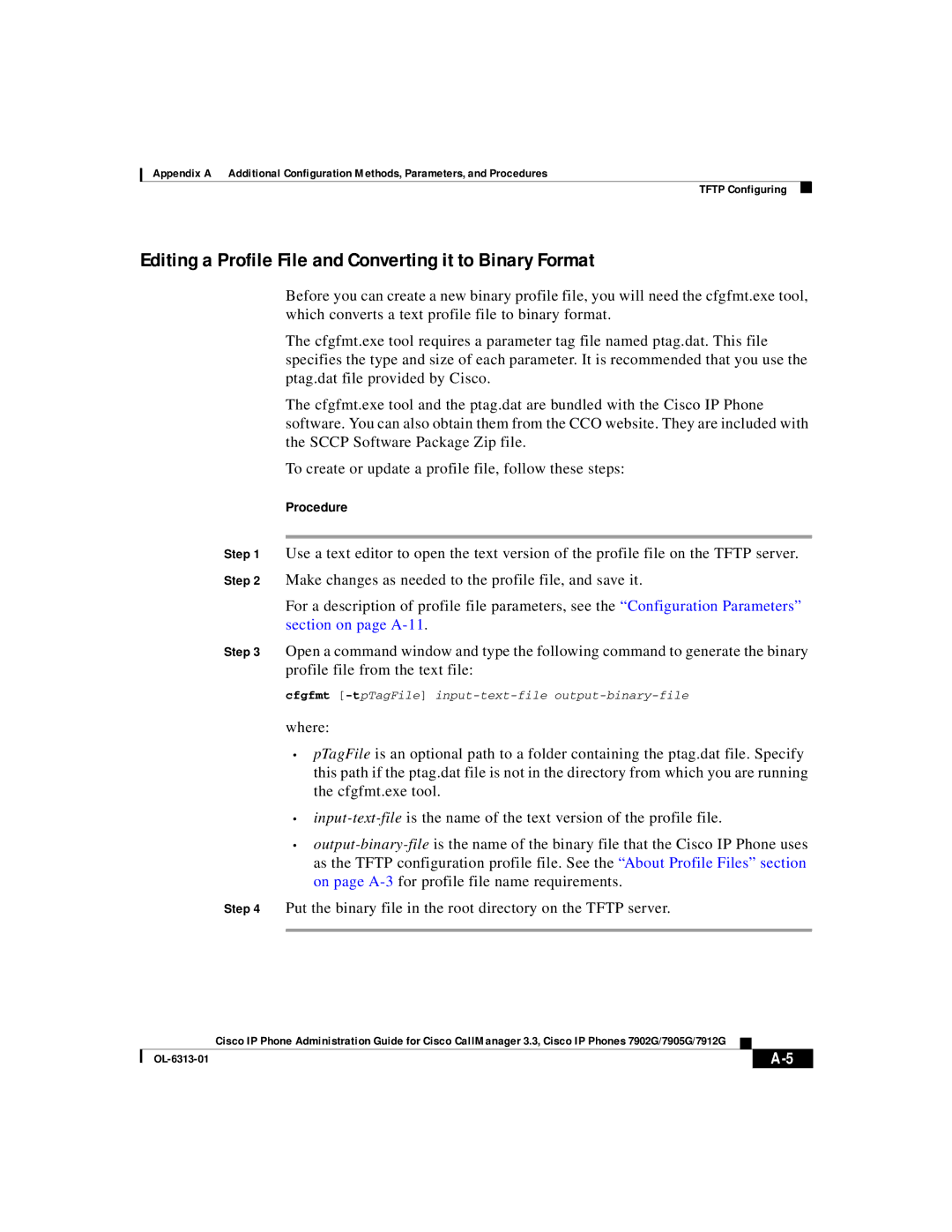 Cisco Systems 7912G, 7902G, 7905G manual Editing a Profile File and Converting it to Binary Format, Procedure 