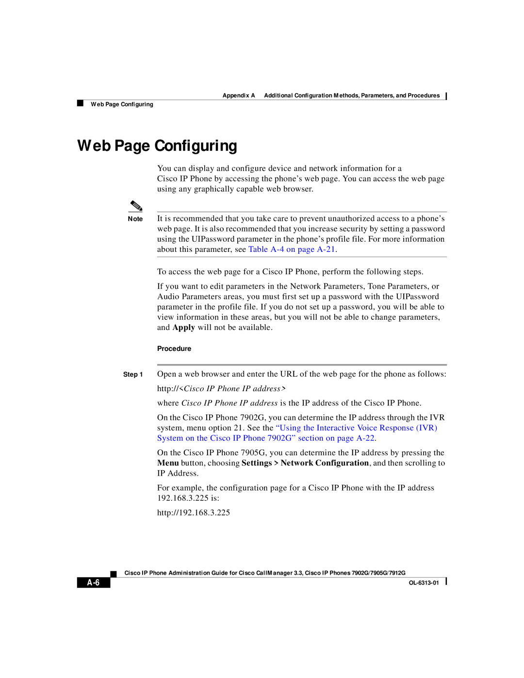 Cisco Systems 7902G, 7905G, 7912G manual Web Page Configuring, Http//Cisco IP Phone IP address 